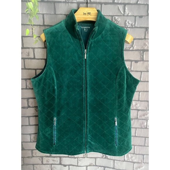 Liz Claiborne Diamond Quilted Emerald Green Velvet Zip Front Vest L - Picture 1 of 5